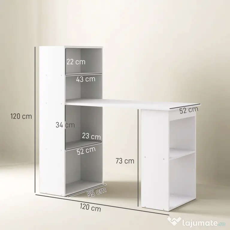 Birou alb modern cu biblioteca cu 6 rafturi din PAL,120x55x120cm HOMCOM | Aosom Romania