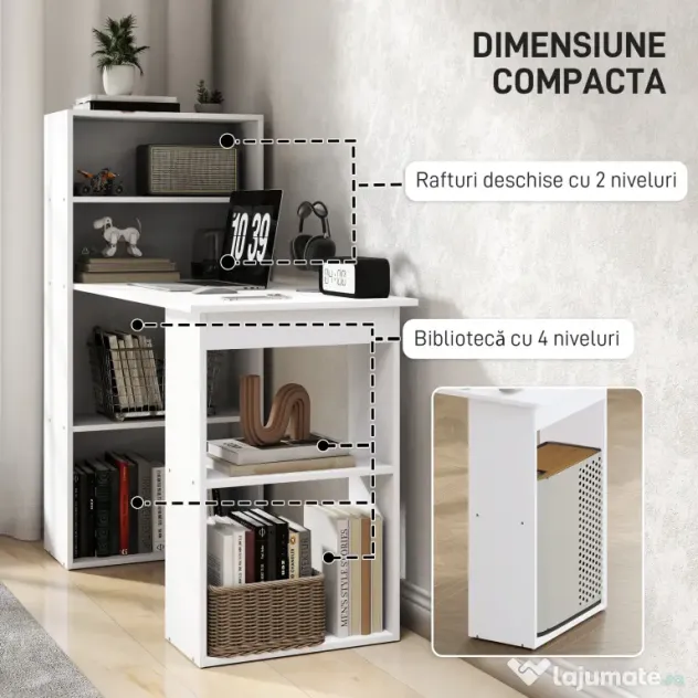 Birou alb modern cu biblioteca cu 6 rafturi din PAL,120x55x120cm HOMCOM | Aosom Romania