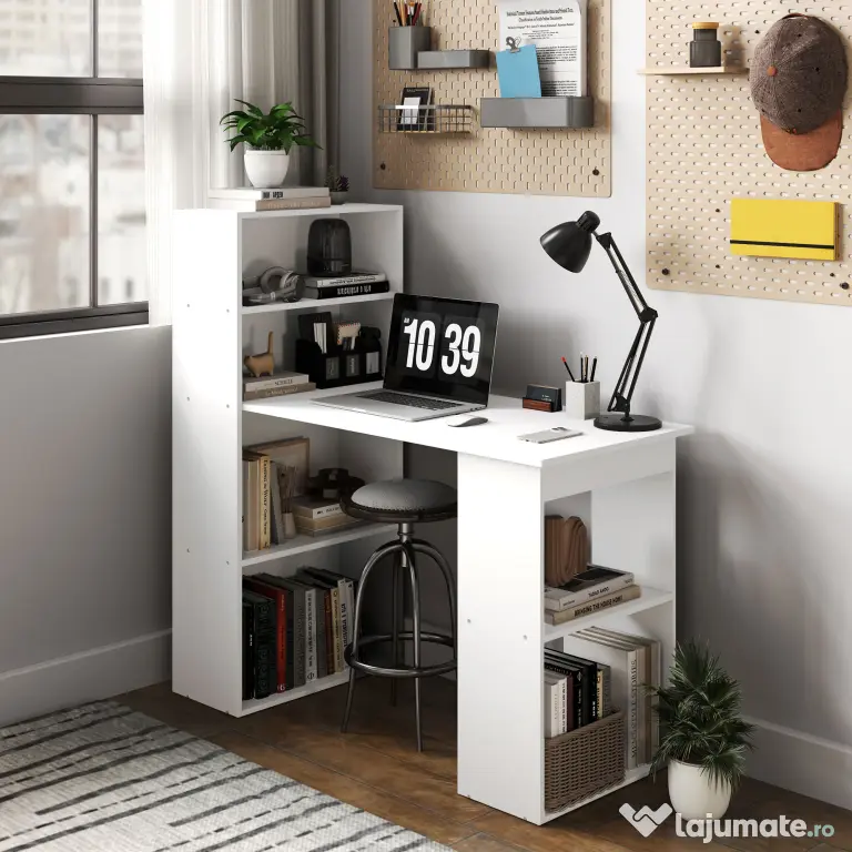 Birou alb modern cu biblioteca cu 6 rafturi din PAL,120x55x120cm HOMCOM | Aosom Romania