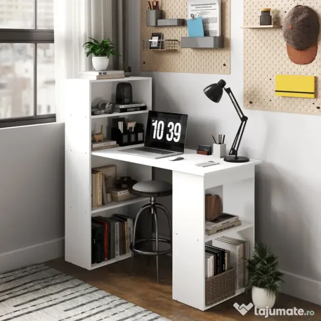 Birou alb modern cu biblioteca cu 6 rafturi din PAL,120x55x120cm HOMCOM | Aosom Romania