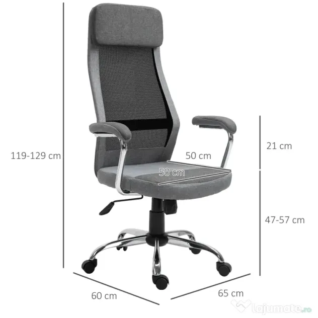 Vinsetto Scaun birou ergonomic, inaltime reglabila, 65x60x119-129cm | Aosom Romania