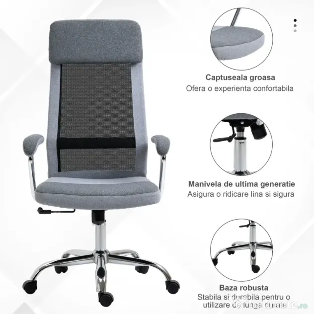 Vinsetto Scaun birou ergonomic, inaltime reglabila, 65x60x119-129cm | Aosom Romania