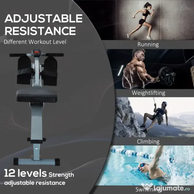 HOMCOM Aparat de Vaslit Profesional, Fitness, cu Display, Structură din PVC și Oțel, pentru Antrenament Complet, Gri și Negru | Aosom Romania