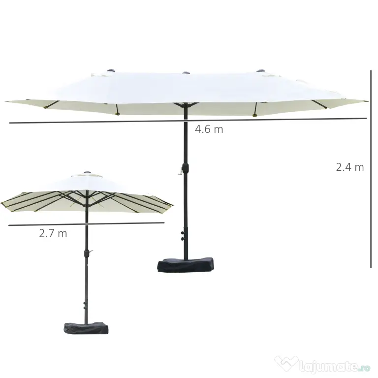 Outsunny Umbrelă Dublă cu 12 Spițe, Bază în Cruce și Manivelă, din Oțel și Poliester, 455x265x238 cm, Bej | Aosom Romania