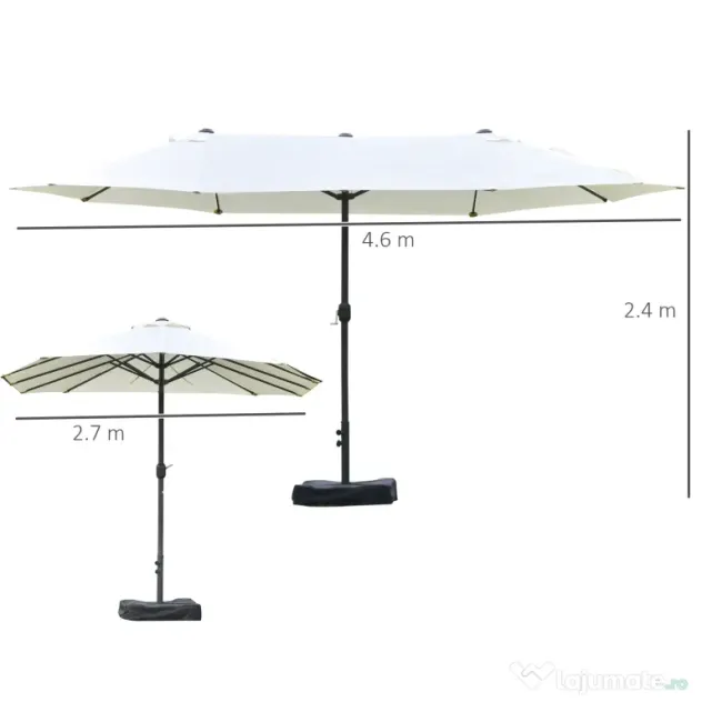 Outsunny Umbrelă Dublă cu 12 Spițe, Bază în Cruce și Manivelă, din Oțel și Poliester, 455x265x238 cm, Bej | Aosom Romania