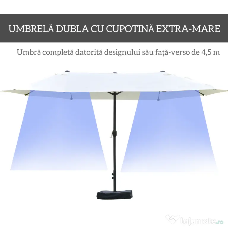 Outsunny Umbrelă Dublă cu 12 Spițe, Bază în Cruce și Manivelă, din Oțel și Poliester, 455x265x238 cm, Bej | Aosom Romania