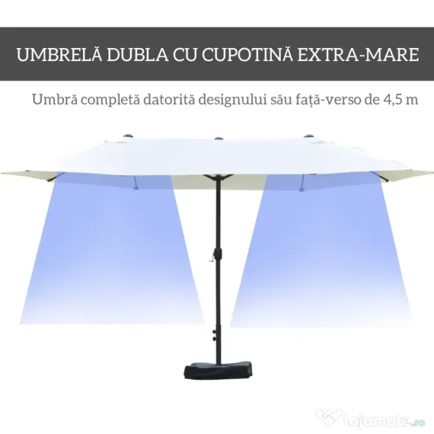 Outsunny Umbrelă Dublă cu 12 Spițe, Bază în Cruce și Manivelă, din Oțel și Poliester, 455x265x238 cm, Bej | Aosom Romania