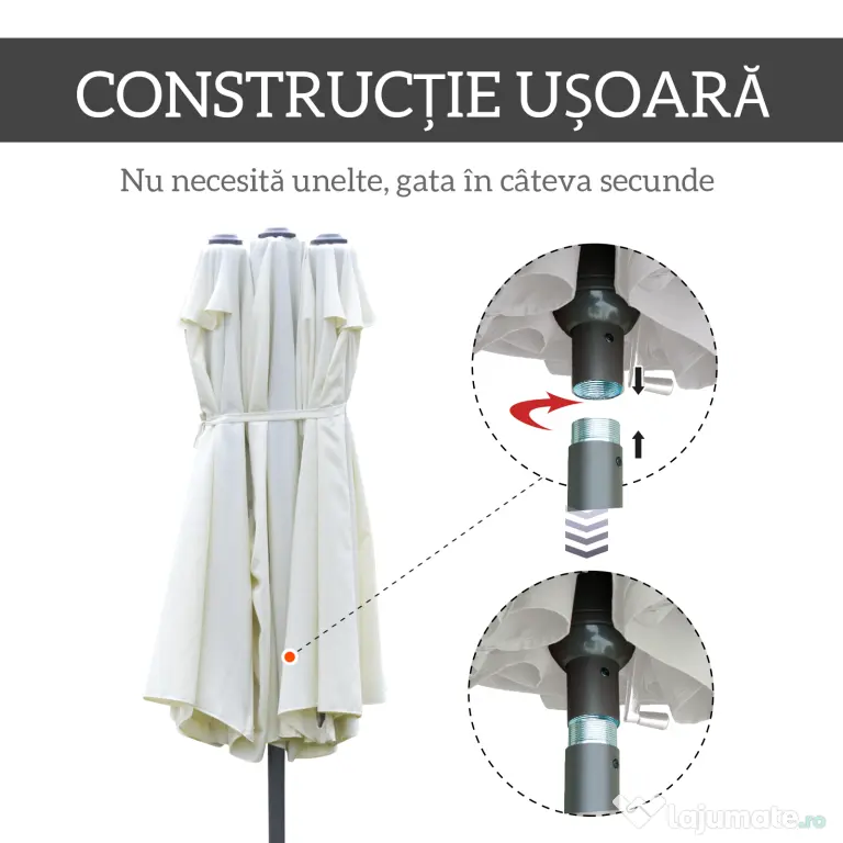 Outsunny Umbrelă Dublă cu 12 Spițe, Bază în Cruce și Manivelă, din Oțel și Poliester, 455x265x238 cm, Bej | Aosom Romania