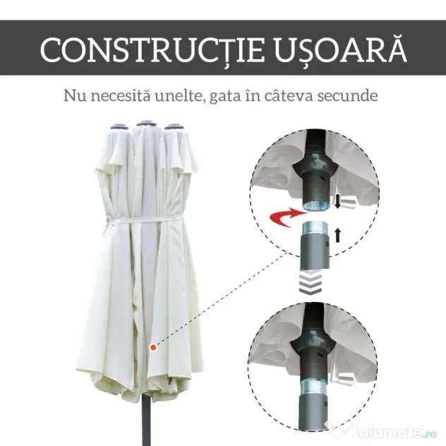 Outsunny Umbrelă Dublă cu 12 Spițe, Bază în Cruce și Manivelă, din Oțel și Poliester, 455x265x238 cm, Bej | Aosom Romania