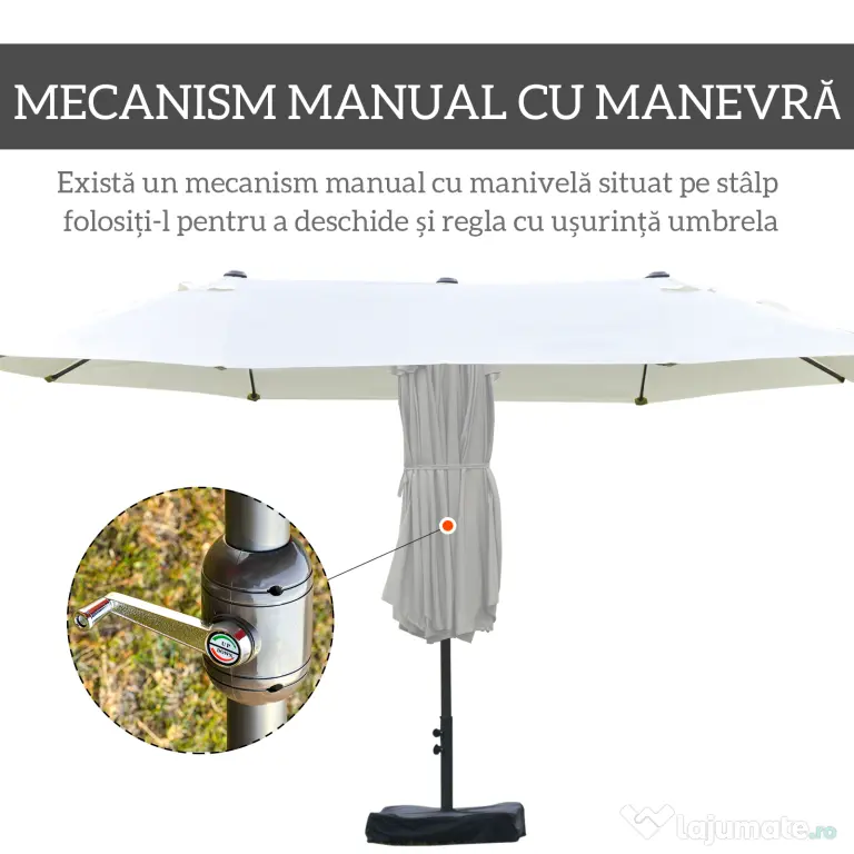 Outsunny Umbrelă Dublă cu 12 Spițe, Bază în Cruce și Manivelă, din Oțel și Poliester, 455x265x238 cm, Bej | Aosom Romania