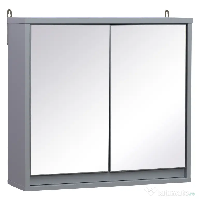HOMCOM Dulăpior Suspendat de Baie cu Uși Duble din Sticlă și Raft Reglabil, 48x14.5x45cm, Gri