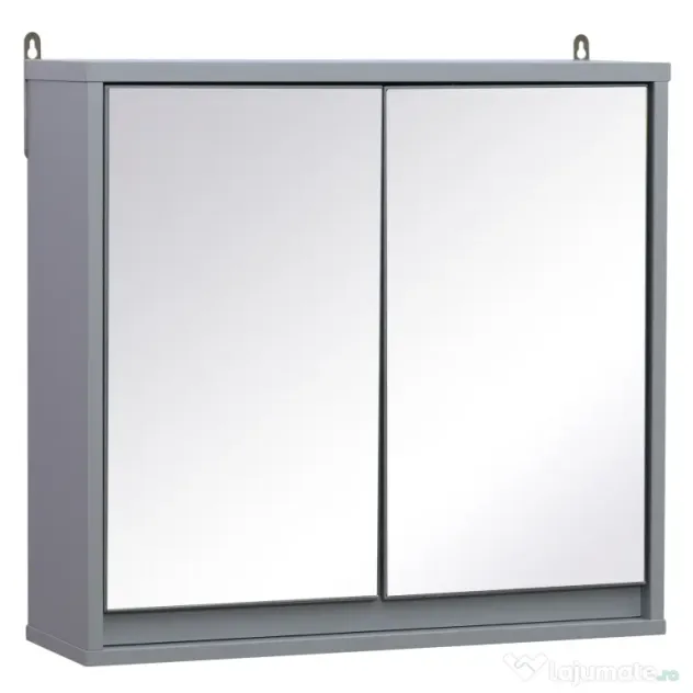 HOMCOM Dulăpior Suspendat de Baie cu Uși Duble din Sticlă și Raft Reglabil, 48x14.5x45cm, Gri