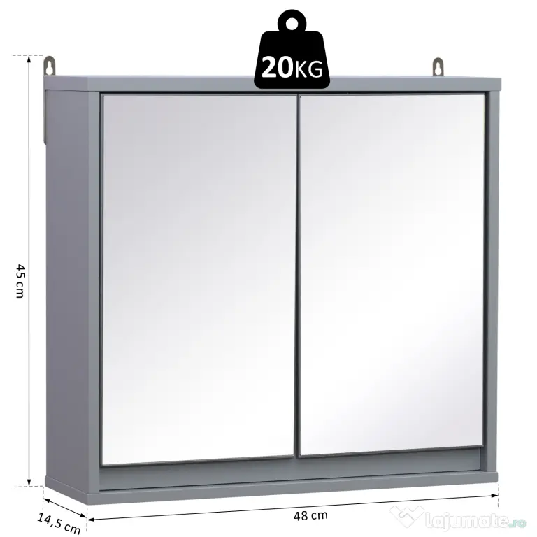 HOMCOM Dulăpior Suspendat de Baie cu Uși Duble din Sticlă și Raft Reglabil, 48x14.5x45cm, Gri