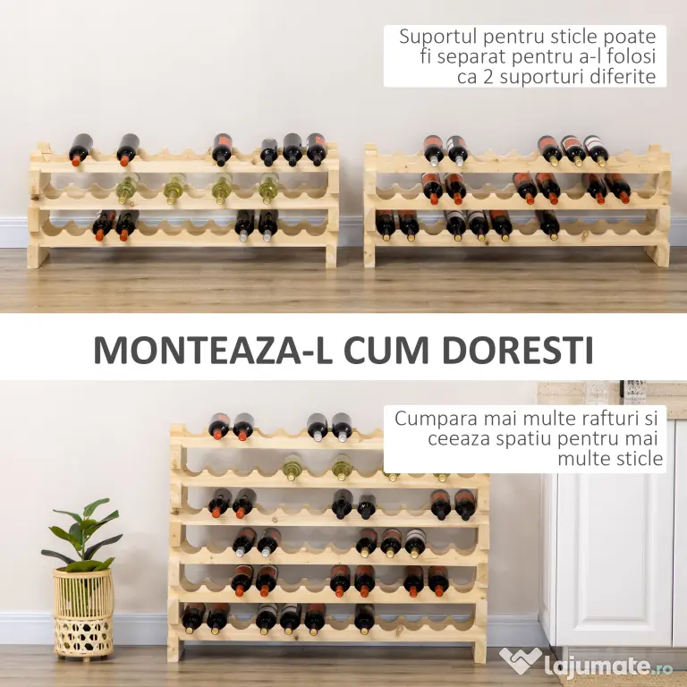 HOMCOM Raft pentru Sticle din Lemn de Brad cu 6 Rafturi pentru 72 de Sticle, 114x28x85 cm, Lemn Natural | Aosom Romania