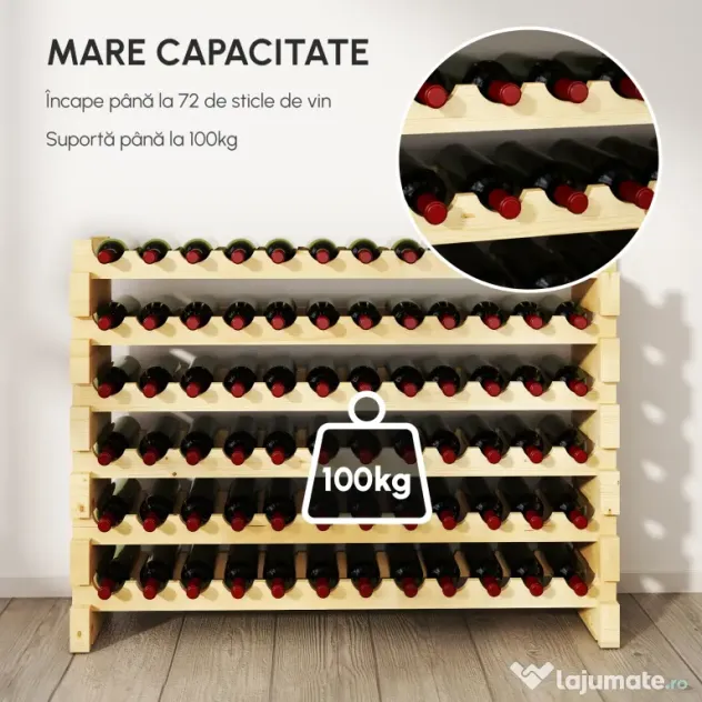 HOMCOM Raft pentru Sticle din Lemn de Brad cu 6 Rafturi pentru 72 de Sticle, 114x28x85 cm, Lemn Natural | Aosom Romania