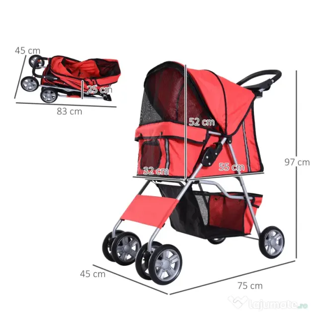 PawHut Cărucior pentru Câini de până la 10 kg, 75x45x97 cm, Roșu | Aosom Romania