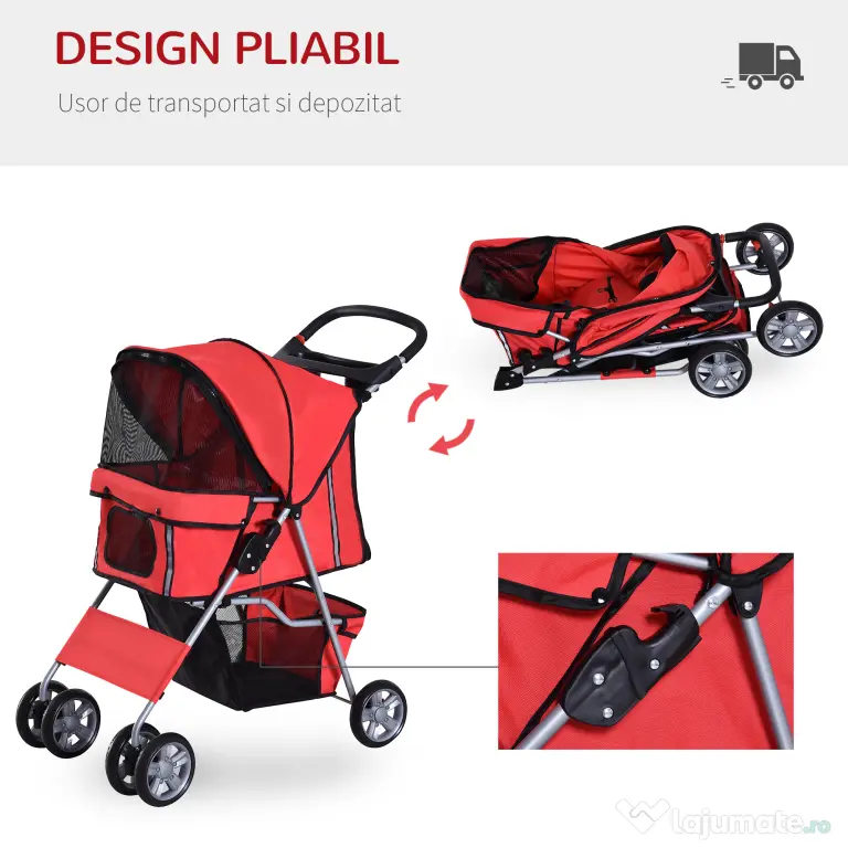 PawHut Cărucior pentru Câini de până la 10 kg, 75x45x97 cm, Roșu | Aosom Romania
