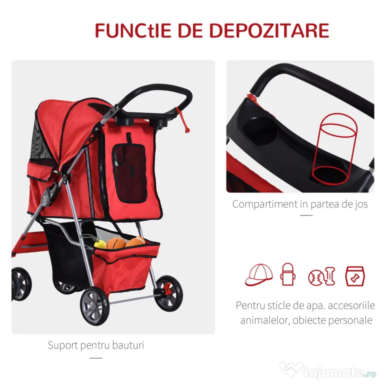 PawHut Cărucior pentru Câini de până la 10 kg, 75x45x97 cm, Roșu | Aosom Romania