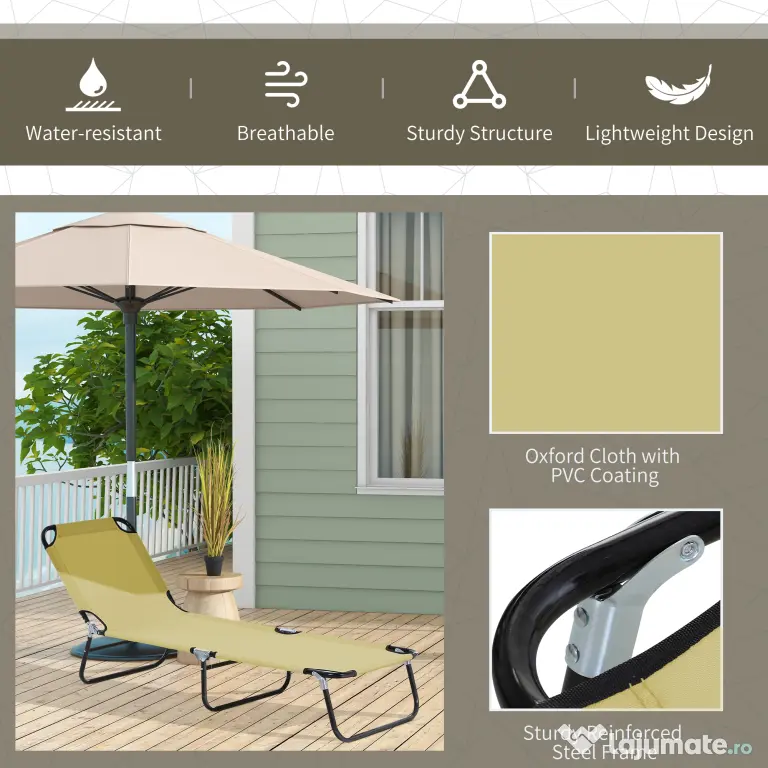 Outsunny Sezlong Pliabil pentru Gradina cu Spatar Ajustabil 5 Pozitii din Otel si Tesatura Oxford 188x56x28 cm Bej | Aosom Romania