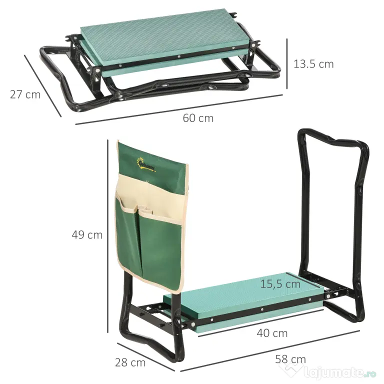 Outsunny Bancă de grădină 2 în 1 cu protecție pentru genunchi, pernuțe din spumă EVA și geantă pentru depozitare, 58x28x49 cm, Verde | Aosom Romania