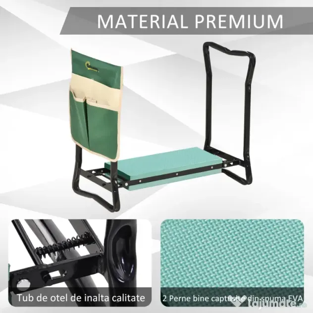 Outsunny Bancă de grădină 2 în 1 cu protecție pentru genunchi, pernuțe din spumă EVA și geantă pentru depozitare, 58x28x49 cm, Verde | Aosom Romania
