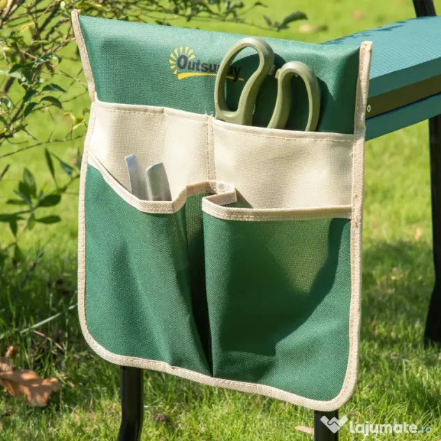 Outsunny Bancă de grădină 2 în 1 cu protecție pentru genunchi, pernuțe din spumă EVA și geantă pentru depozitare, 58x28x49 cm, Verde | Aosom Romania