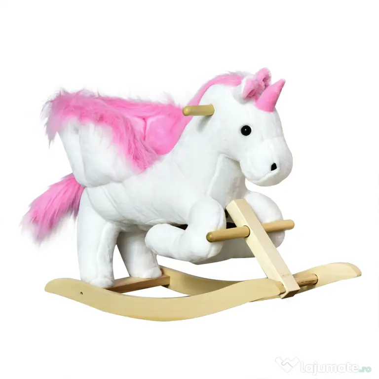 Cal tip Balansoar Unicorn cu Muzica HOMCOM, Structura din Metal si Lemn, Tepiterie din Plus, 65x32x55cm, Alb Roz | Aosom Romania