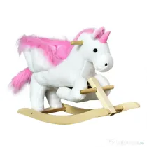 Cal tip Balansoar Unicorn cu Muzica HOMCOM, Structura din Metal si Lemn, Tepiterie din Plus, 65x32x55cm, Alb Roz | Aosom Romania