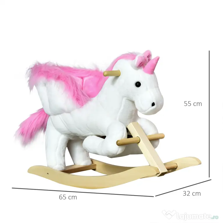 Cal tip Balansoar Unicorn cu Muzica HOMCOM, Structura din Metal si Lemn, Tepiterie din Plus, 65x32x55cm, Alb Roz | Aosom Romania