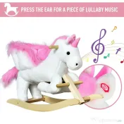 Cal tip Balansoar Unicorn cu Muzica HOMCOM, Structura din Metal si Lemn, Tepiterie din Plus, 65x32x55cm, Alb Roz | Aosom Romania
