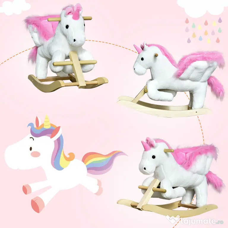 Cal tip Balansoar Unicorn cu Muzica HOMCOM, Structura din Metal si Lemn, Tepiterie din Plus, 65x32x55cm, Alb Roz | Aosom Romania