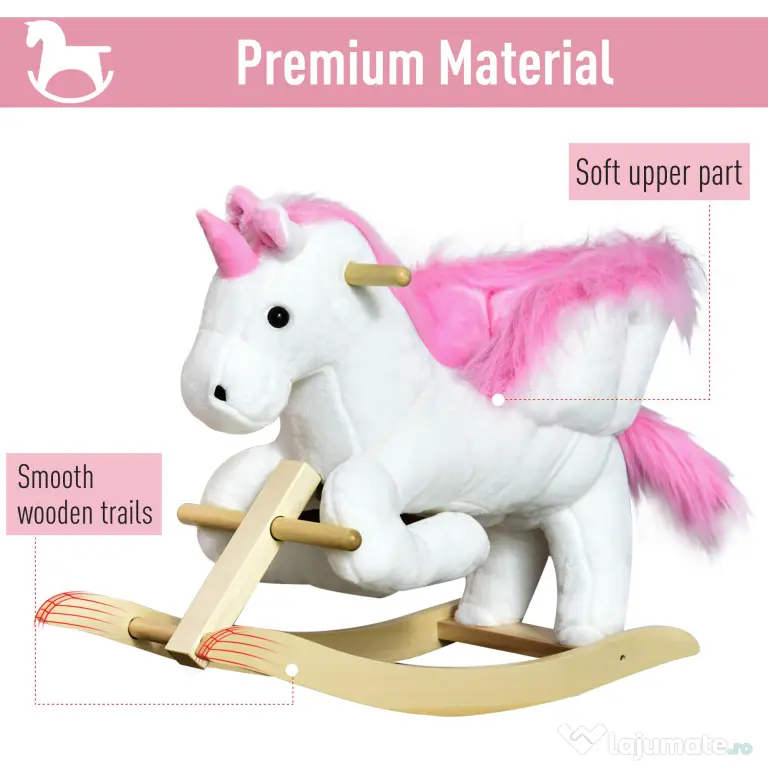 Cal tip Balansoar Unicorn cu Muzica HOMCOM, Structura din Metal si Lemn, Tepiterie din Plus, 65x32x55cm, Alb Roz | Aosom Romania