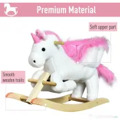 Cal tip Balansoar Unicorn cu Muzica HOMCOM, Structura din Metal si Lemn, Tepiterie din Plus, 65x32x55cm, Alb Roz | Aosom Romania