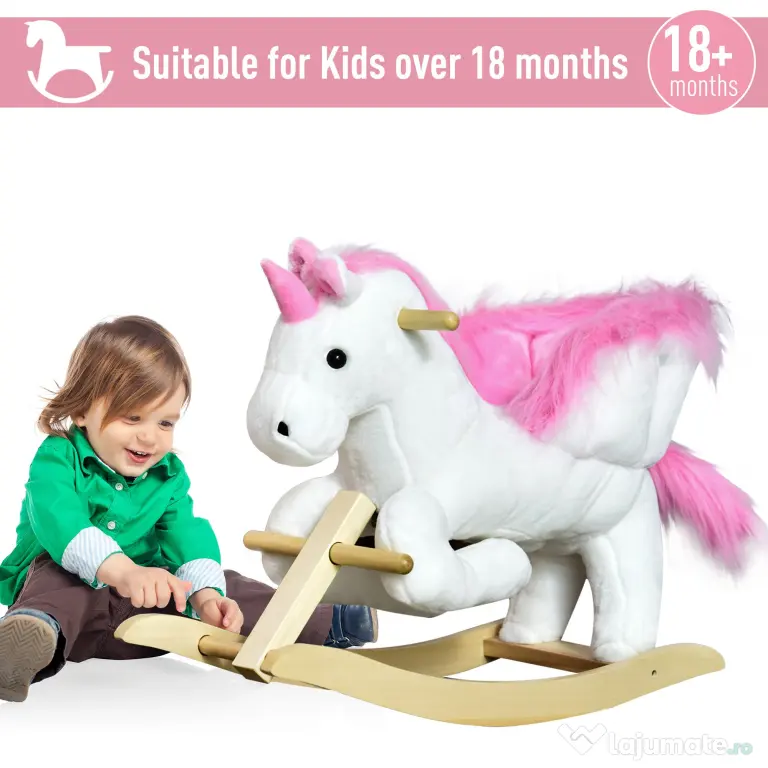 Cal tip Balansoar Unicorn cu Muzica HOMCOM, Structura din Metal si Lemn, Tepiterie din Plus, 65x32x55cm, Alb Roz | Aosom Romania