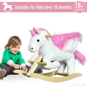 Cal tip Balansoar Unicorn cu Muzica HOMCOM, Structura din Metal si Lemn, Tepiterie din Plus, 65x32x55cm, Alb Roz | Aosom Romania
