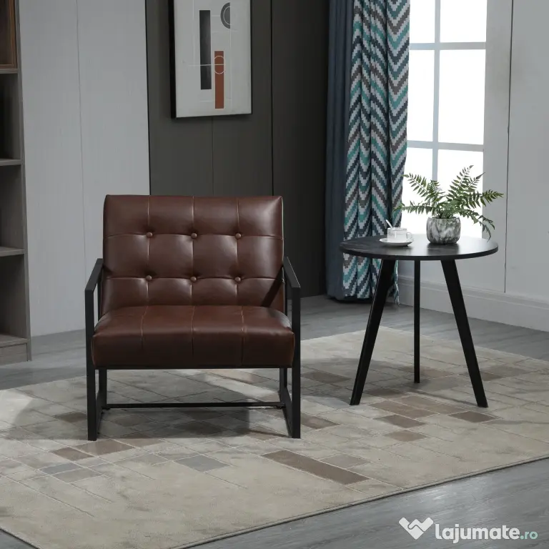 Fotoliu Stil Industrial Matlasat cu Nasturi, Mobilier Modern Fotoliu scaun din metal si PU, 62x74x78cm Maro HOMCOM | Aosom RO