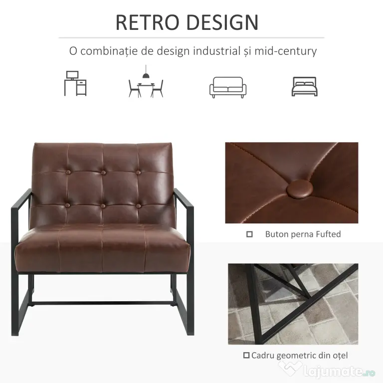 Fotoliu Stil Industrial Matlasat cu Nasturi, Mobilier Modern Fotoliu scaun din metal si PU, 62x74x78cm Maro HOMCOM | Aosom RO
