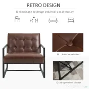 Fotoliu Stil Industrial Matlasat cu Nasturi, Mobilier Modern Fotoliu scaun din metal si PU, 62x74x78cm Maro HOMCOM | Aosom RO 