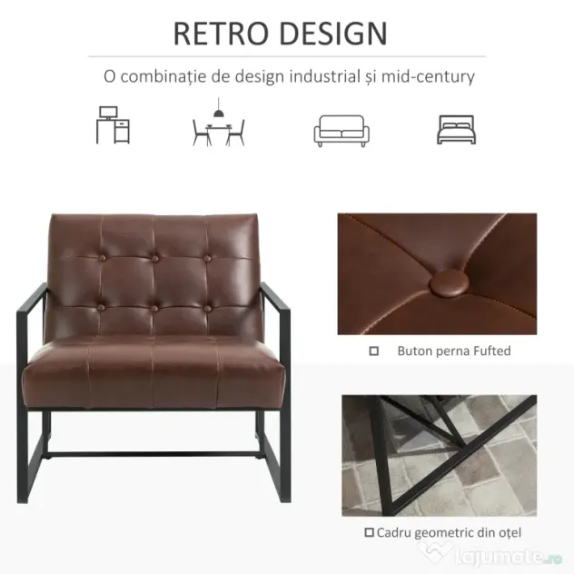 Fotoliu Stil Industrial Matlasat cu Nasturi, Mobilier Modern Fotoliu scaun din metal si PU, 62x74x78cm Maro HOMCOM | Aosom RO