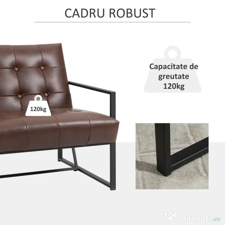 Fotoliu Stil Industrial Matlasat cu Nasturi, Mobilier Modern Fotoliu scaun din metal si PU, 62x74x78cm Maro HOMCOM | Aosom RO