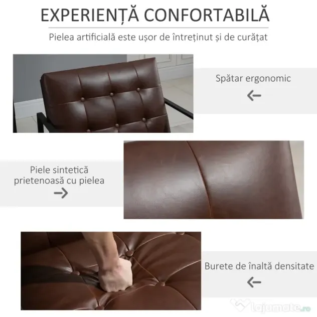 Fotoliu Stil Industrial Matlasat cu Nasturi, Mobilier Modern Fotoliu scaun din metal si PU, 62x74x78cm Maro HOMCOM | Aosom RO