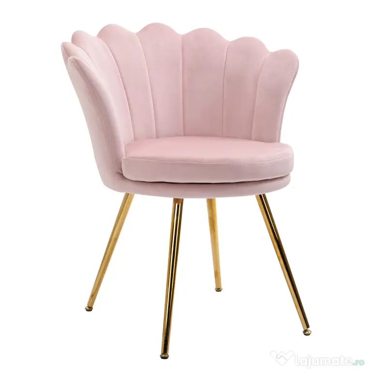 HOMCOM Scaun de Sufragerie Tip Scoică Stil Vintage din Catifea cu Picioare Aurite Roz