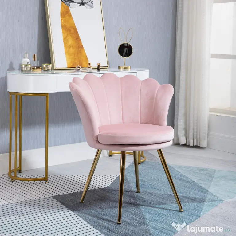 HOMCOM Scaun de Sufragerie Tip Scoică Stil Vintage din Catifea cu Picioare Aurite Roz