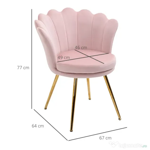 HOMCOM Scaun Imbottit Tip Scoică din Catifea, Scaunel Vintage cu Picioare Aurite, Scaun de Machiaj pentru Cameră și Sufragerie, Roz | Aosom Romania