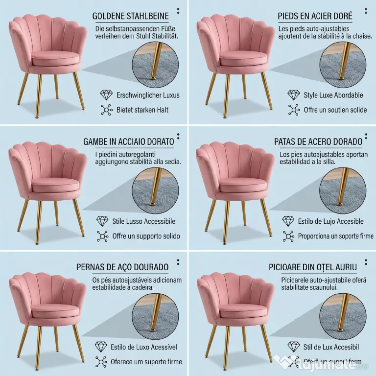 HOMCOM Scaun Imbottit Tip Scoică din Catifea, Scaunel Vintage cu Picioare Aurite, Scaun de Machiaj pentru Cameră și Sufragerie, Roz | Aosom Romania
