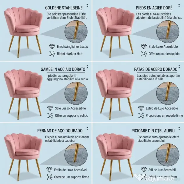 HOMCOM Scaun Imbottit Tip Scoică din Catifea, Scaunel Vintage cu Picioare Aurite, Scaun de Machiaj pentru Cameră și Sufragerie, Roz | Aosom Romania