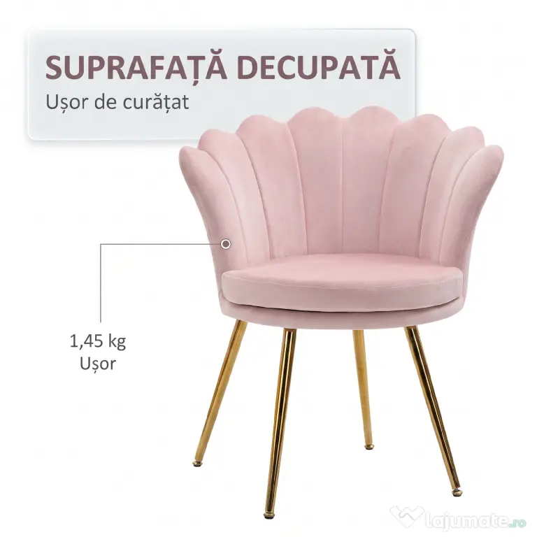 HOMCOM Scaun Imbottit Tip Scoică din Catifea, Scaunel Vintage cu Picioare Aurite, Scaun de Machiaj pentru Cameră și Sufragerie, Roz | Aosom Romania
