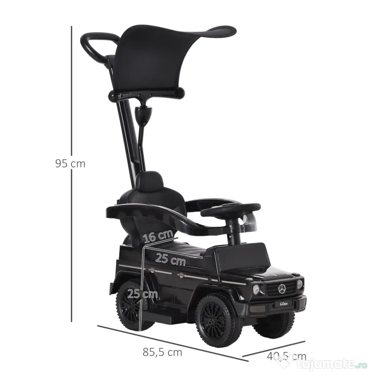 Masina copii 1 an, Paravan parasolar detasabil, spatiu de depozitare, Negru 85.5x40.5x95cm HOMCOM | Aosom Romania