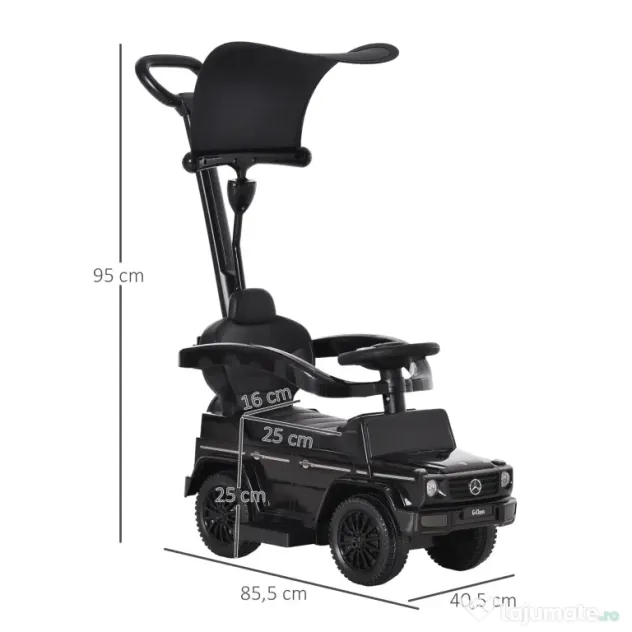 Masina copii 1 an, Paravan parasolar detasabil, spatiu de depozitare, Negru 85.5x40.5x95cm HOMCOM | Aosom Romania