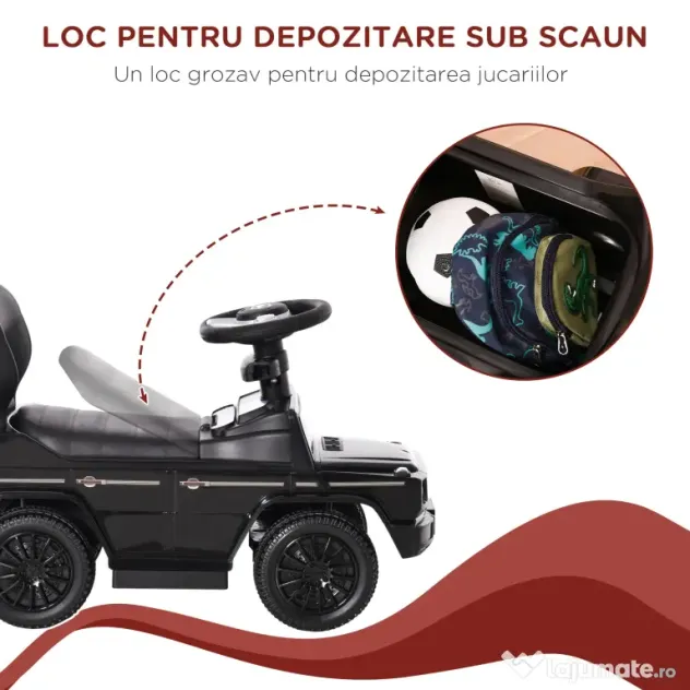 Masina copii 1 an, Paravan parasolar detasabil, spatiu de depozitare, Negru 85.5x40.5x95cm HOMCOM | Aosom Romania